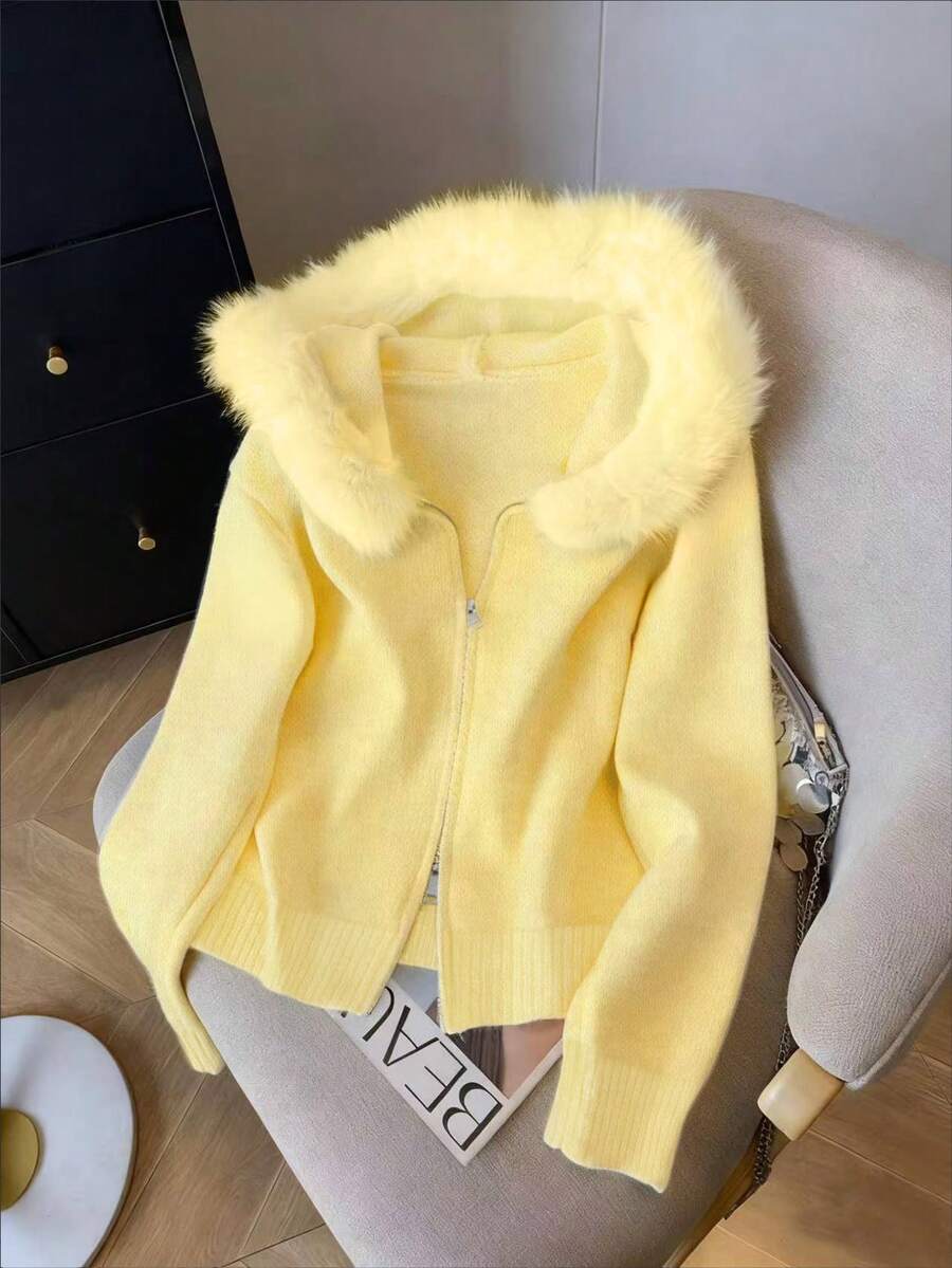 GlowEve 女式纯色简约毛绒连帽拉链开衫 - 黃色 - 查看 1