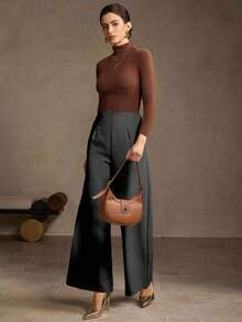 MOTF PREMIUM SOLID HIGH WAIST FOLD PLEATED WIDE LEG PANTS - Black - View 8