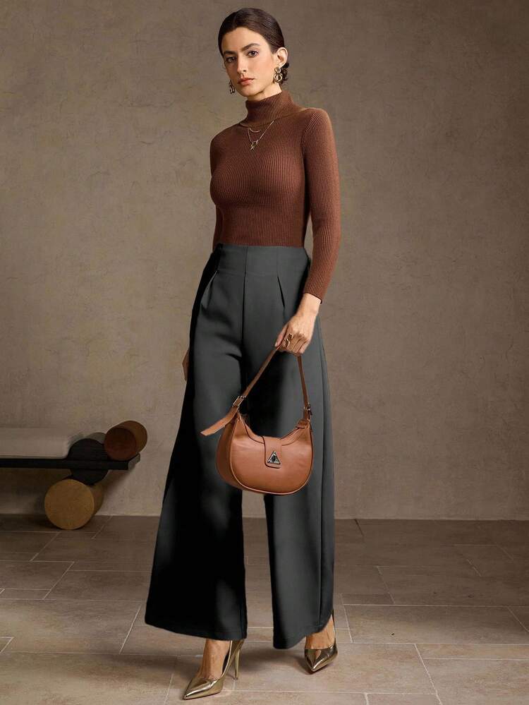SOLID HIGH WAIST FOLD PLEATED WIDE LEG PANTS