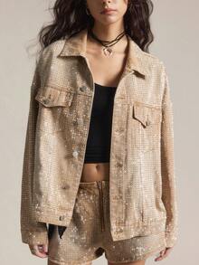 Easelle Áo khoác denim giặt đính đá pha lê cổ điển dành cho nữ - màu nâu - Xem 9