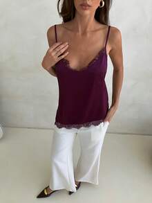 Aloruh Women's Solid Color Spaghetti Strap Loose Lace Trim Fashionable Summer Camisole Burgundy Top Deep Purple Satin Top With Lace Trim, Sexy And Feminine, Perfect For A Romantic Date Or New Year's Eve Party Burgundy Tops,Tank Top - Purple - View 4