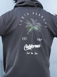 Heavens Edit 男士休闲椰子树印花抽绳连帽卫衣，街头风格，返校季，秋冬，Emo 风格，2000 年代风格 - 深灰色 - 查看 6