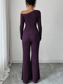 Selianne 女士时尚休闲两件套，不对称肩部褶皱下摆金属装饰长袖罗纹针织修身T恤+罗纹针织修身喇叭裤 - 紫丁香色 - 查看 2