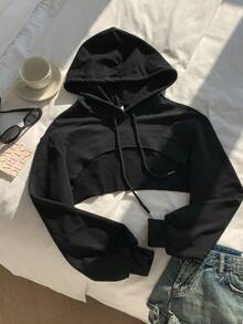 SHEIN EZwear Drawstring Detail Super Crop Hoodie-Black And White,Long Sleeve Tops In Fall/Winter