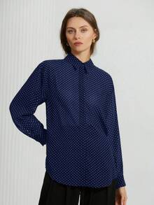 Aveloria Modichic Minimalist All-Match Versatile Black & White Chiffon Polka Dot Sheer Collared Long Sleeve Blouse, Suitable For Spring & Summer - Navy Blue - View 3
