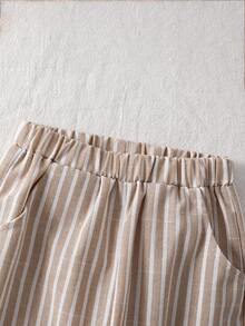 SHEIN 4-7岁男童春秋季衬衫套装，米色和棕色翻领纽扣长袖开衫上衣搭配条纹裤装，优雅简约的返校装，四季皆宜