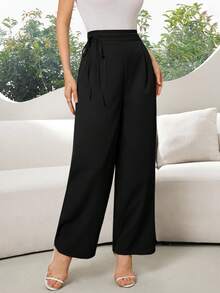 Modelyn Quần ống rộng màu trơn đơn giản dành cho nữ, thích hợp khi đi làm - màu đen - Xem 6