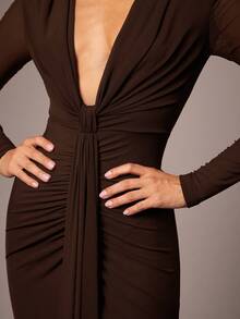 Silquee Women's Autumn/Winter Ruched Ribbon Drape Shoulder Sheer Long Sleeve Bodycon Elegant Sexy Deep V Dress - Coffee Brown - View 8