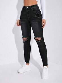 Rivivi Women's High Waist Pocket Distressed Skinny Casual Versatile Jeans - Black - View 5