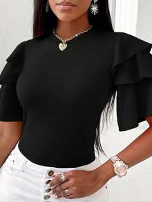 INAWLY Plus Size Women's Elegant Elegant Simple Versatile Solid Color Layered Sleeve Fitted Black T-Shirt, Summer - Black - View 4