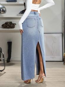 Jeanoix 女士不对称腰部口袋开衩下摆休闲牛仔裙 - 黑色 - 查看 2