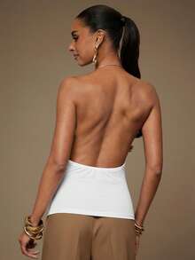 L'Amorae Women Necklace Ornament Trim Cowl Neck Knit Halter Top - White - View 5