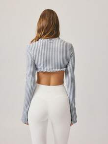 Aralina Women's Plaid Ruffle Trim Cropped Sporty Jacket - Iron Gray - View 2