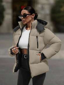 EURMUSE Hooded Zipper Detailed Contrast Rib Cuff Quilted Women's Casual Puffer Down Jacket - Mocha Brown - View 1