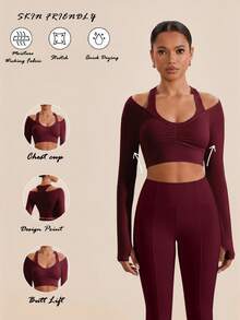 VARSIVA Áo thun ngắn tay dài xếp ly thể thao trơn màu dành cho nữ - Đỏ - Xem 3