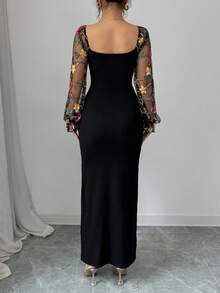 Elenzga Đầm suông thanh lịch thêu hoa cổ tim cho nữ - màu đen - Xem 2