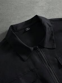 PAVTROS Men's Plus Size Solid Color Zipper Pocket Short Sleeve Summer Shirt Jacket - Black - View 4