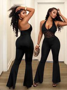 SHEIN BamGlam 女式时尚性感蕾丝拼布露背吊带连体裤 - 黑色 - 查看 3