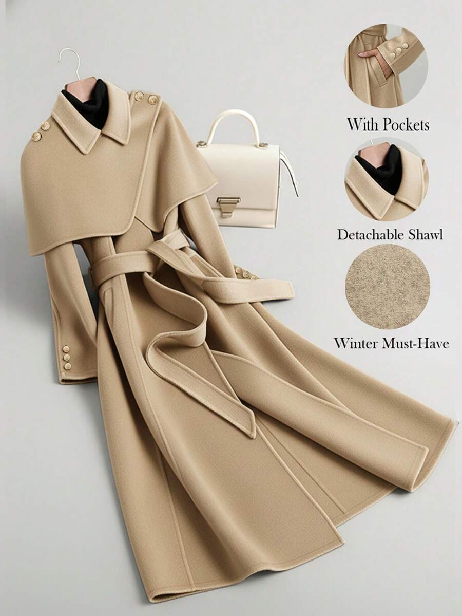 GlowEve 女士优雅收腰羊毛混纺长款开衫外套，适合外出穿着，长袖，后摆加长设计，秋冬季款 - 卡其色 - 查看 1