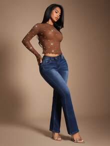 Radiana 女士立领插肩袖修身水钻网纱透视衬衫 - 棕色 - 查看 6