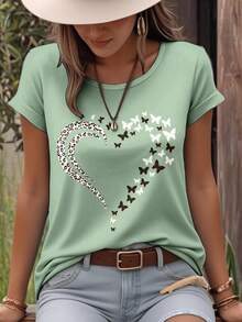 SHEIN LUNE Áo thun cổ tròn họa tiết da báo, bướm và trái tim thường ngày mùa hè cỡ lớn dành cho nữ - Màu xanh Bạc hà - Xem 1
