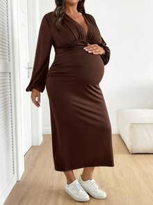 SHEIN 大码孕妇V领长灯笼袖休闲连衣裙 - 棕色 - 查看 6
