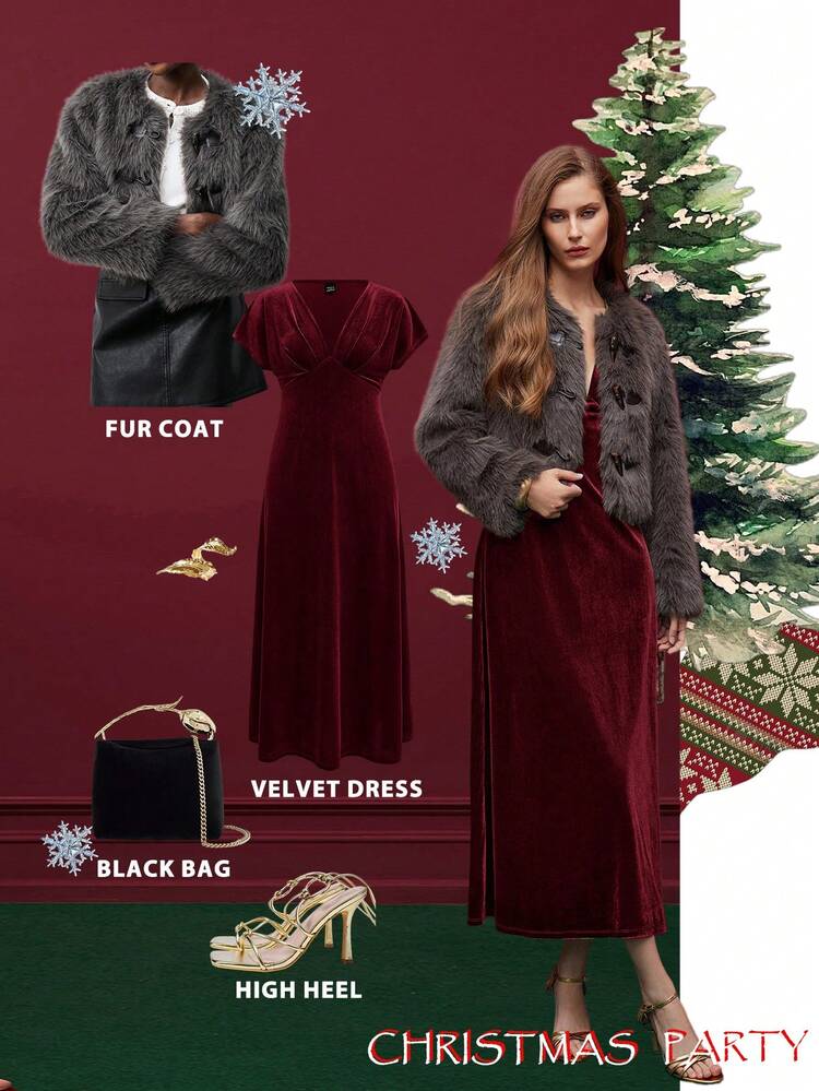 SHEIN Maija Women's Velvet V-Neck Waist A-Line Midi Dress, Urban Chic Business Casual Elegant Versatile Dress For Daily Wear, Party, Cocktail, Summer Date