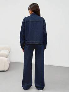 EURMUSE Single-Breasted Casual Denim Jacket And Jeans Set Denim Outfit Women Women Denim Two Piece Outfits Jean 2 Piece Set 2 Piece Denim Sets Women 2 Piece Sets Women Casual - Dark Wash - View 2