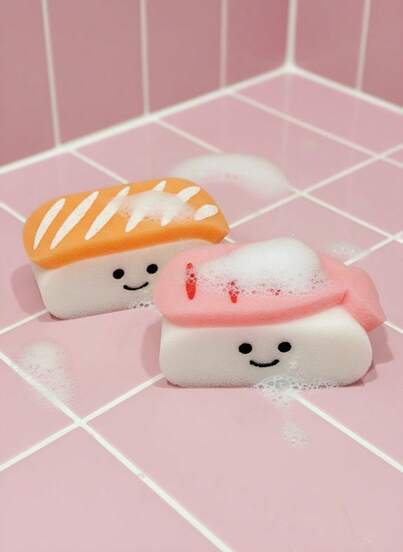 Joivida 可爱寿司造型沐浴海绵球 - 柔软 - 主题沐浴洁面海绵球，敏感肌米色，糯米团子和寿司卷/寿司卷造型，沐浴配件礼品