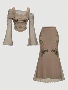 SHEIN MOD 2pcs Floral Print T-Shirt And Slim Fit Maxi Skirt Elegant Women Set Vacation Outfits Woman Skirt Set Wedding Guest Outfit Skirt Sets - Multicolor - View 6