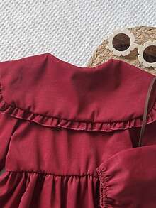 Playful Pals Young Girl' Casual Pleated Collar Long Sleeve A-Line Dress, Burgundy, Suitable For Valentine's Day, Everyday Wear, Outings And Gatherings