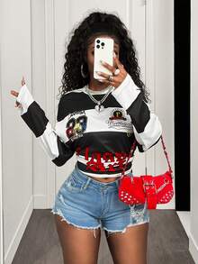 BamGleam Áo thun nữ dáng rộng tay dài hở vai in khẩu hiệu tương phản graffiti ngọn lửa tiếng Anh - Đen và trắng - Xem 3