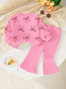 SHEIN Playful Pals 2件組女嬰0-3歲可愛秋季粉色圓領櫻桃印花運動衫搭配純色喇叭褲套裝，時尚戶外家庭穿搭 - 彩色 - 查看 3