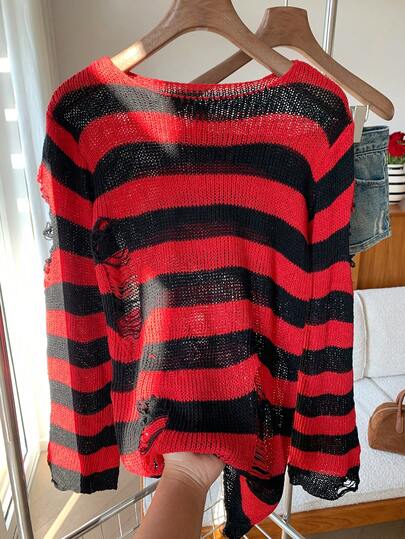 SHEIN EZwear Suéter con detalles rasgados a rayas, Tops de manga larga, Suéter de punto en otoño/invierno