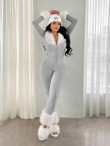 SHEIN SXY 女士仿毛皮拼接长袖连体衣，保暖 - 淺灰色 - 查看 4