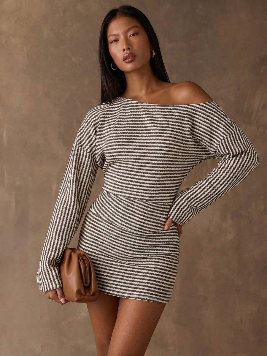 SHEIN BAE 女士通勤时尚不对称领条纹迷你连衣裙 - 咖啡棕 - 查看 1