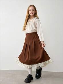 Tween Girls' Elastic Waist Pleated Floral Trim Casual Everyday Skirt - Coffee Brown - View 3