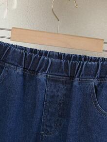 Elladie kids 少女Y2K风格两件套，少女牛仔套装 - 复古深蓝色牛仔短款蝴蝶结背心搭配复古深蓝色宽松直筒牛仔裤，时尚休闲装扮 - 深色水洗藍 - 查看 5