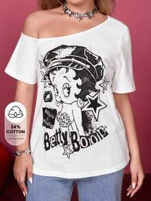 Betty Boop x SHEIN 女士休闲时尚街头卡通人物、字母和星星印花不对称肩部宽松白色T恤，夏季 - 白色 - 查看 8