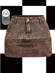 Y2Kool 女士牛仔仿皮草性感迷你裙，适合上学、派对、晚宴等场合，冬季搭配休闲时尚服饰，新年穿搭之选，棉质面料 - 棕色 - 查看 1