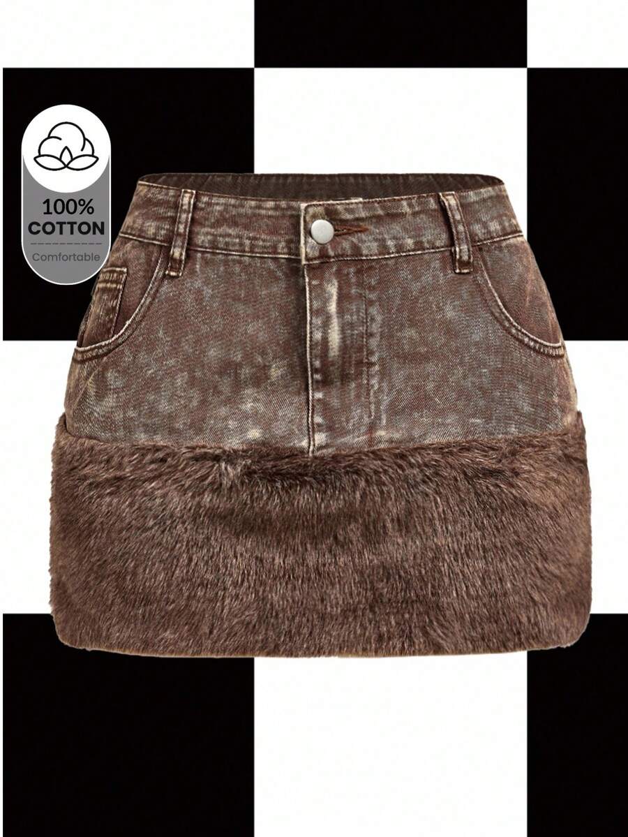 Y2Kool 女士牛仔仿皮草性感迷你裙，适合上学、派对、晚宴等场合，冬季搭配休闲时尚服饰，新年穿搭之选，棉质面料 - 棕色 - 查看 1