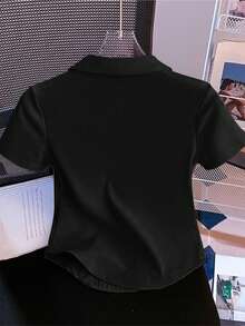 EMERY ROSE Camiseta casual de mujer de unicolor con cuello vuelto y manga corta - Negro - Ver 2