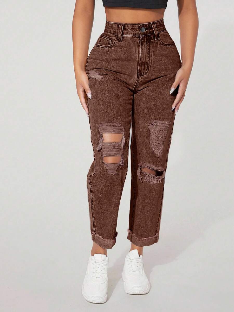 SHEIN PETITE Women's Casual Versatile Everyday Distressed Pocket Jeans - Coffee Brown - View 1