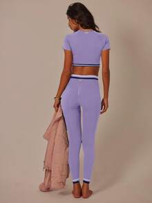 Aralina 女士圆领插肩袖上衣和紧身裤健身运动套装 - 薰衣草薄霧色 - 查看 4