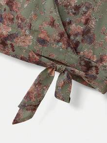 lacRébo بلوزة ملفوفة مطبوعة بالزهور الخضراء مع ربطة عنق وخصر مربوط وأكمام طويلة مفلطحة للخريف والشتاء