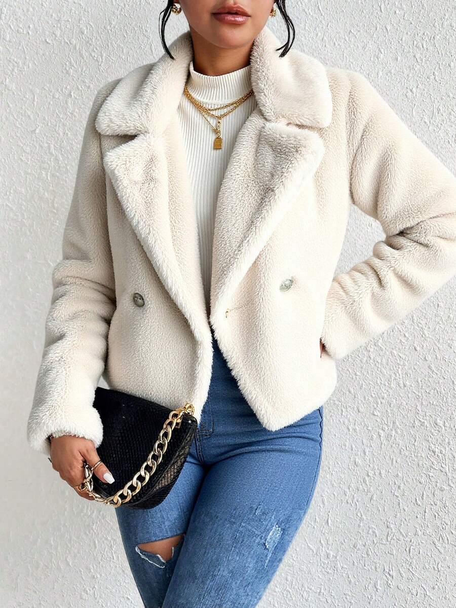 EURMUSE Lapel Neck Regular Button Front Faux Fur Coats - White - View 1