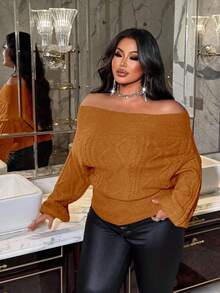 NU&NOW Plus Size Women Solid Color Off-Shoulder Cable Knit Pullover Sweater - Orange - View 3
