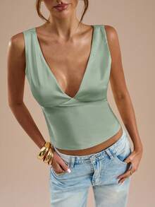 SHEIN BAE 黄色缎面蕾丝拼接吊带背心，适合度假、海滩、音乐节、早午餐、婚礼宾客、伴娘等场合，春夏皆宜。 - 薄荷綠 - 查看 7