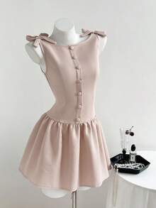 Elamini Women's Bow Decor A-Line Sleeveless Short Dress, Elegant Sweet Style For Party, Wedding, Birthday, Autumn/Winter