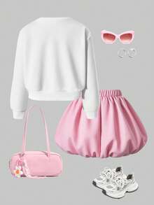 Glimette Girls 2-Piece Set:White Ribbed Crew Neck Knit Pullover Sweatshirt With Leopard Print Bow Decor+Floral Skirt,Cute Autumn School Back-To-School - Pink - View 2
